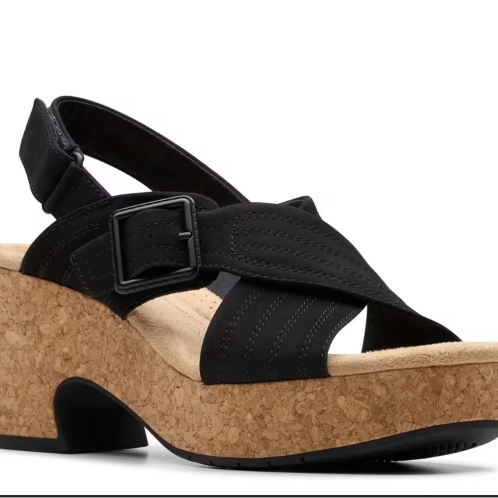 Clarks Black Cork Wedge Sandals